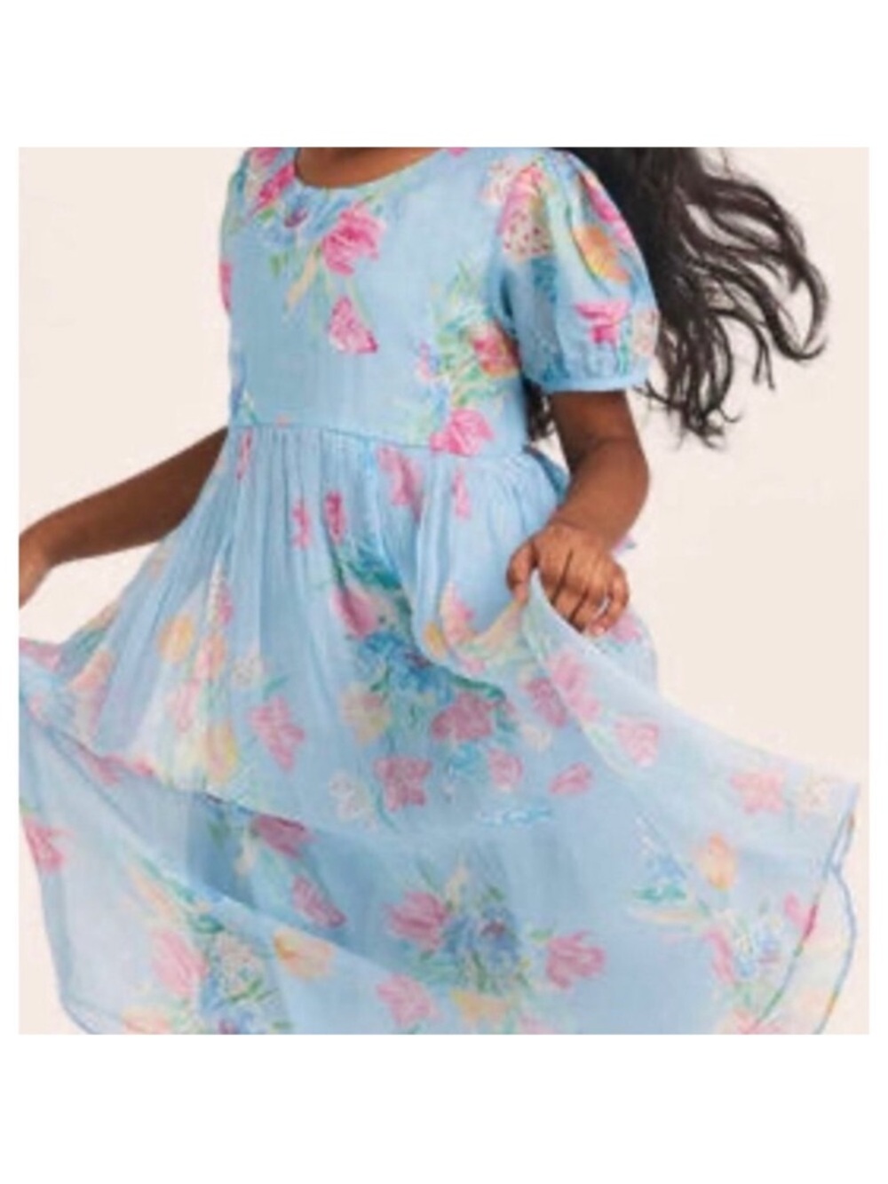 Love shack fancy Girls' Light Blue Floral Tiered Dress viscose